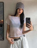 Sheer see-through boat neck cropped short sleeve