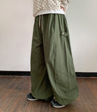 Welleu banding snap button wide cotton pants