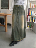 Yat Cat Sand Washing Damage Maxi Denim Long Skirt