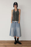 STRIPE SHIRRING HALTER TOP