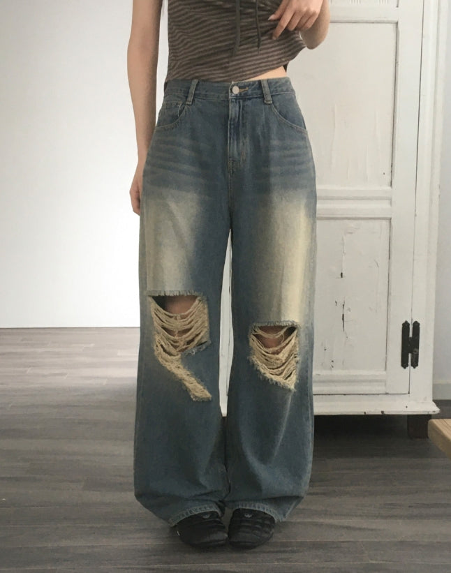 【WOOHWA】DENIM WASHING SK Vintage Acid Washed Jeans High Waisted Retro Gen Z 80s