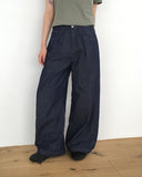 Dad side pin tuck snap button wide long denim pants