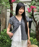 Hichu Stripe Frill Lace Ribbon Short Sleeve Blouse