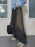 Cross Damage Banding Denim Pants