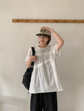Cube Ribbon Cut Shirring Short Sleeve Blouse