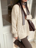 Length cable V-neck loose fit long long sleeve knit