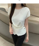 Side Button Wrap Drape Twist Shirring Short Sleeve Knit