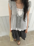 Hakeel Check Shirring Lace Layered Blouse