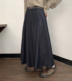 Runke Belt Denim Flare Long Skirt