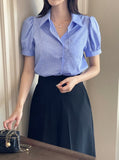Labor Stripe Puff Shirt Blouse