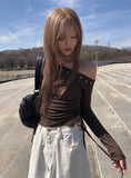 Denk Shirring Eyelet Crop Lip Neck T-shirt