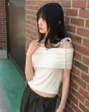 sirom ribbon strap ribbed off-shoulder short-sleeved T-shirt