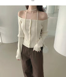 Off-shoulder Ribbed Knit Strap Set Cardigan