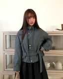 [Belt SET] Risha No Collar Strap Button Cotton Quilted Bomber Jacket
