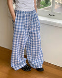 Khark Checkered Pintuck Banding Long Wide Pants
