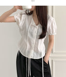 Summer Lace Pattern Puff Short Sleeve Ribbon Blouse