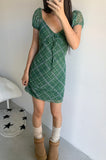 mint check puff mini dress