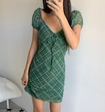 mint check puff mini dress