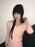 Atter strap deep V-neck slim ribbed crop long sleeve knit
