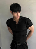Muscle Fit Henley Neck Short Sleeve Knit