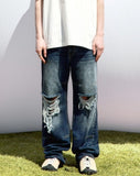 DAMAGE DART SEMI WIDE DENIM PANTS