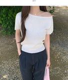 Feminine Cap Sleeves Unbalanced One-Off Short Sleeve Knit
