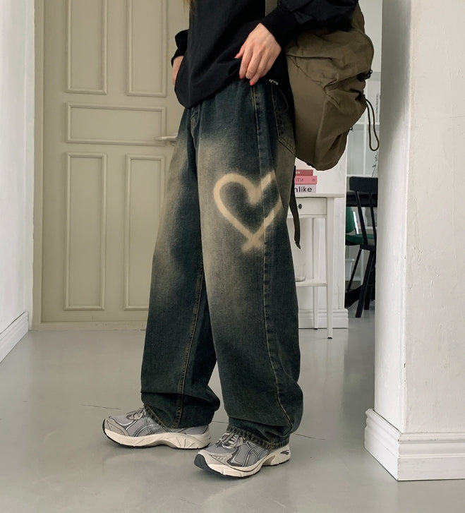 【BAON】Penbo Heart Washing Wide Denim Pants BAON (バオン) - ペンボハートウォッシングワイドデニムパンツ