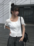 Henry Ribbon Pintuck Shirring Square Short Sleeve Blouse