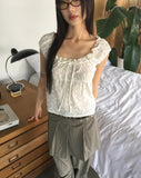 Shua lace punching ribbon puff blouse