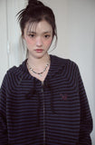 Cat Stripe Hood Knit Zip-Up