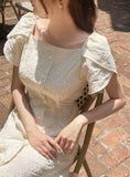 Ruckbell Square Neck Embroidered Tulip Pintuck Long One Piece