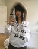 [Brushed Lining] Biffon Lettering Loose Fit Fur Hood Zip-Up