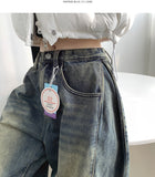 Washing Banding Heated Fabric Brushed Hem Snap Wide Fit Denim Pants XL~