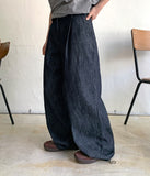 Mimku Pintuck String Summer Raw Wide Denim Pants