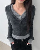 Lipin Color Matching V-Neck Slim Boucle Long Sleeve Knit