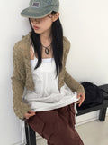 [MADE] Attil Vintage Punching Button Knit Hood Crop Long Sleeve Cardigan