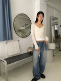 teki string washing wide denim pants