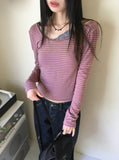 Jitel Vintage Stripe Deep U Neck Long Sleeve T-Shirt