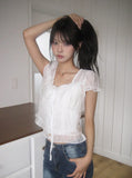 Neron Shirring Frill Ribbon Puff See-through Short Sleeve Blouse