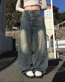 Number Washing Wide Denim Pants
