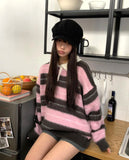 Here Color Matching Stripe Collar Neck Button Long Sleeve Knit