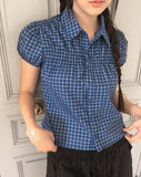 Rehue Check Shirring Banding Puff Short Sleeve Blouse