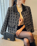 Demur Color Matching Collar Pattern Tweed Short Jacket