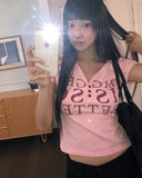 Purit Lettering Button V-Neck Short Sleeve T-Shirt
