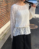Ui punching ribbon strap round neck see-through long-sleeved knit