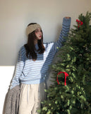 Clo Hairy Stripe Henley Neck Knit