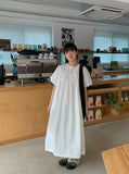 Derikeu Shirring Button Short Sleeve Long One Piece