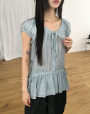 Serine Tiered Ribbon String Wrinkle Short Sleeve Blouse