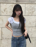 [Fake Layered] Sund Ribbon Sleeveless Layered Puff Short Sleeve T-Shirt