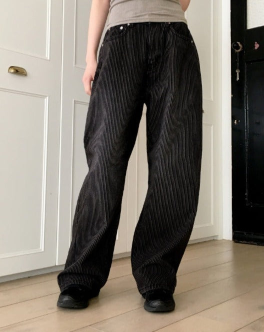 【WONDER WONDER】Kilo Black Stripe Long Wide Denim Pants wonderwonder - Kilo black striped long wide denim pants